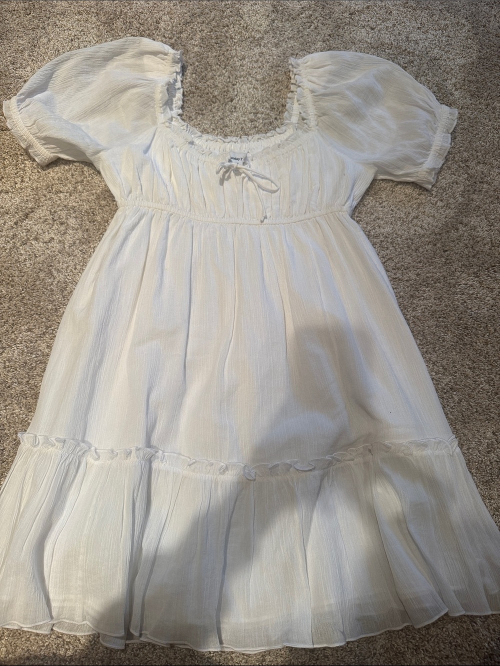 Aritzia White Puff Sleeve Tiered Mini Dress with Tie Neck